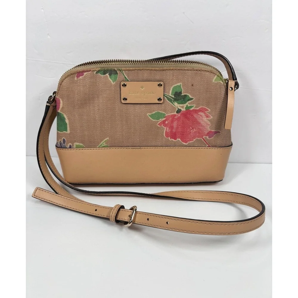 Kate Spade Womens Hanna Jute Linen Small Crossbody Bag Floral Canvas Tan Leather